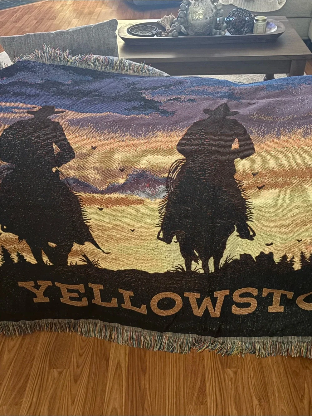 Yellowstone Cowboy Silhouette Woven Throw Blanket - Sunset Colors